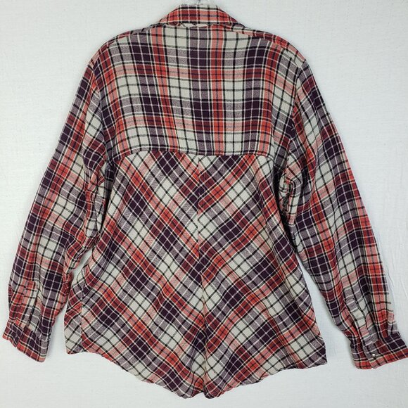 Free People Gauze Plaid Shirt Cutout Shoulder Western Boho 70s size L Relaxed - Picture 7 of 12